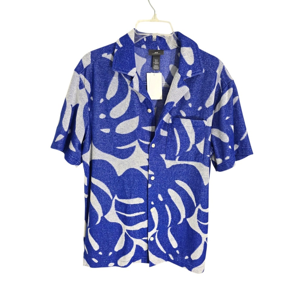 HM Mens Regular Fit Tropical Monstera Leaf Button Up Shirt Blue White Medium NEW